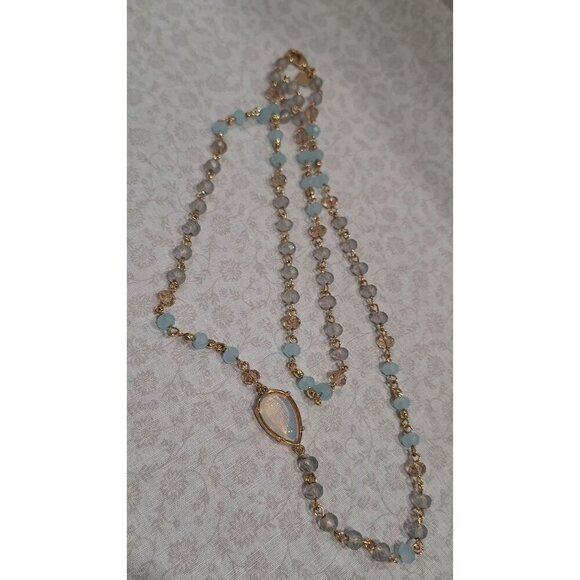 EUC Banana Republic Gold-Tone Necklace With Blue Beads & Teardrop Pendant - Picture 7 of 8